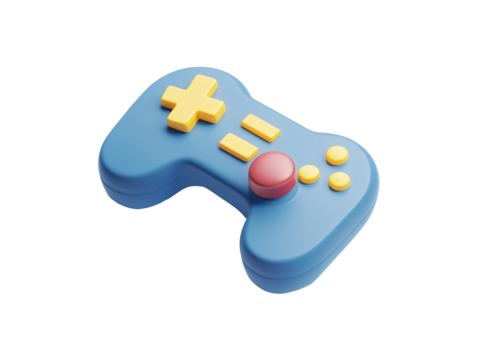 a blue game controller with yellow buttons