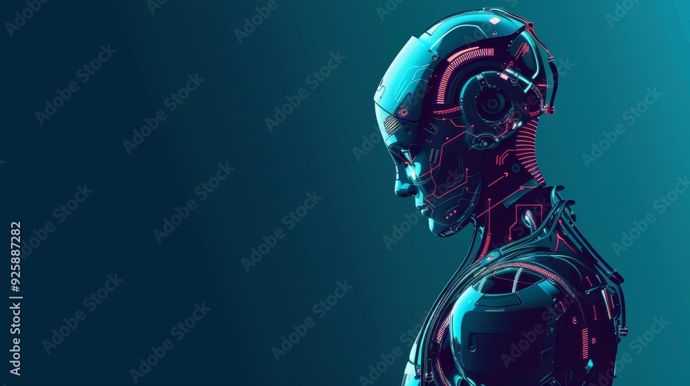 Poster cybernetic robot in futuristic design with detailed mechanical parts, illuminated in neon blue light