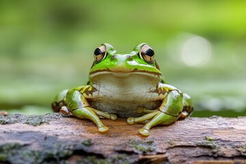 Naklejka premium Frog On A Log. Close-up of Green Frog in Nature Wildlife Habitat