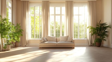 A serene, sunlit room with elegant drapes framing large windows, a comfortable sofa, and a peaceful, inviting ambiance.