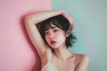 Obraz premium 脇を見せている笑顔の日本人女性（脱毛・脇脱毛・医療脱毛・美容脱毛・美容皮膚科）