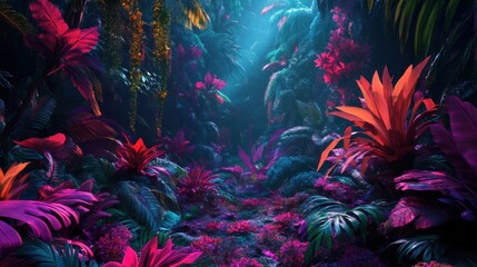 Enigmatic Alien Jungle of Vibrant Colors - Surreal 3D Illustration of Bizarre Flora in Extraterrestrial Landscape