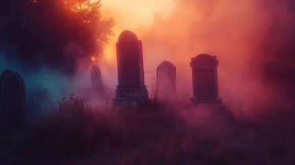 Fog is covering the old tombstones in the cemetery, illuminated by a warm pink, red and orange sunset light, creating a spooky halloween atmosphere