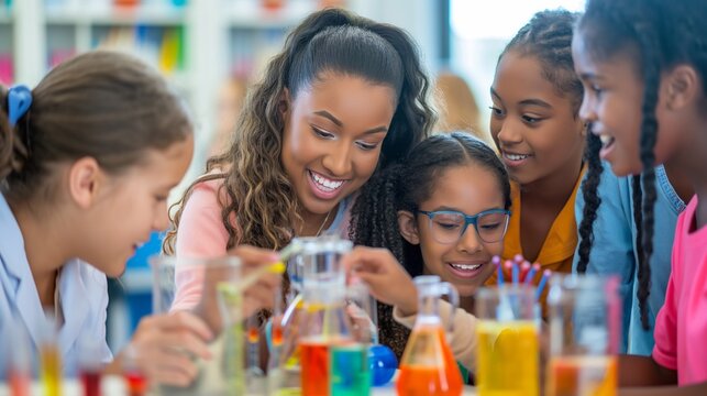 Group of happy female students and their teacher are doing a chemistry experiment in school. They are smiling and looking at the results of their experiment