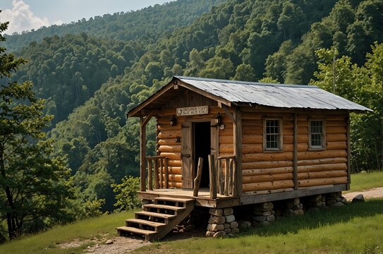Kabin kayu pedesaan, teras depan dan matahari terbenam, Cumberland Gap Natl Park