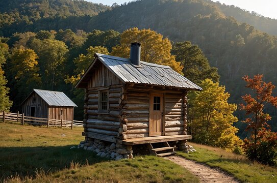 Kabin kayu pedesaan, teras depan dan matahari terbenam, Cumberland Gap Natl Park
