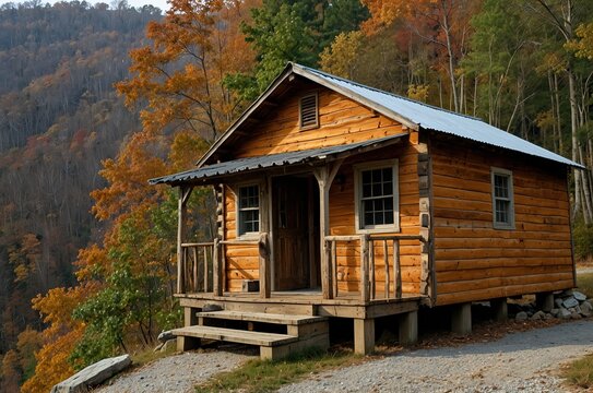 Kabin kayu pedesaan, teras depan dan matahari terbenam, Cumberland Gap Natl Park