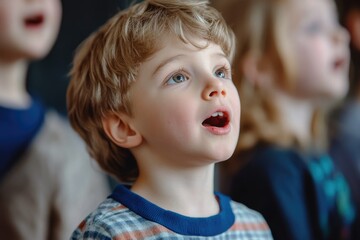 Kids Drama Class. Cute Caucasian Boys Singing in Music Choir Class