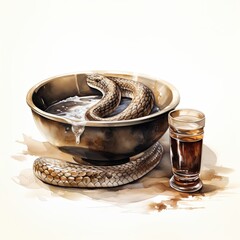 Detailed Watercolor Illustration of a Cobra Snake Slithering Next to a Skull - Digital Art