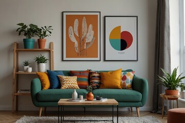 Modern and colorful interior of living room with design boucle sofa, mock up poster, shelf, plants, decorations and personal stuff.