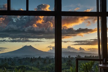 Mountain view, panoramic window, beautiful view, amazing nature, Bali volcano