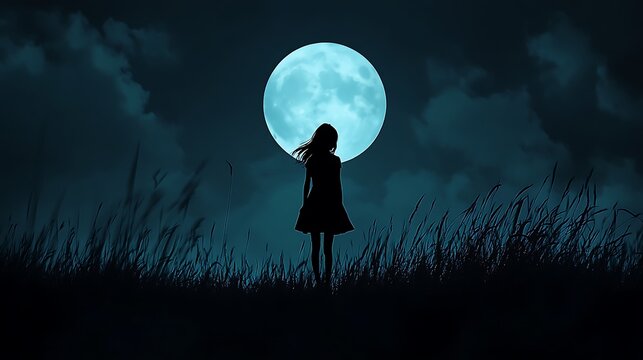 A silhouette of a young woman standing in a field of tall grass under a large blue moon.