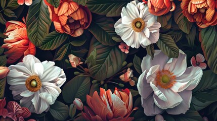 Create a detailed artwork of wild flowers with close-up views of their petals and leaves, showcasing their intricate details and natural beauty