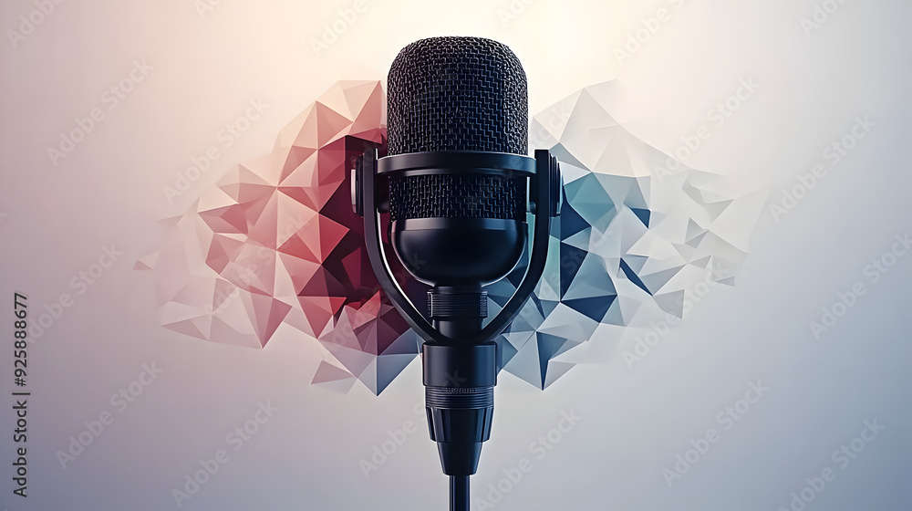 Poster minimalist polygonal microphone on a white background in 8k created with generative ai technology