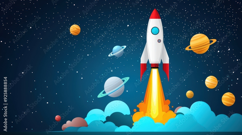 Poster rocket launching into space with world space week banner in the background