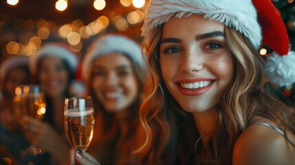 Fototapeta premium Joyful coworkers don Santa hats, ringing in the New Year at the office, toasting with champagne
