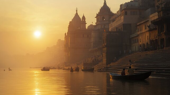 A serene view of the Varanasi ghats, where pilgrims perform rituals along the banks of the Ganges River.