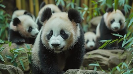 Fototapeta premium A panoramic view of a thriving panda sanctuary in the 2010s, many pandas interacting, healthy and lush bamboo forest, playful and active environment, bright daylight, hd quality, natural look.