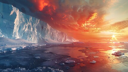 Fototapeta premium A panoramic view of a temperature rise chart from 2080 to 2100, sharp upward trend, vibrant and alarming colors, backdrop of polar ice melting, clear and urgent message, hd quality, natural look.