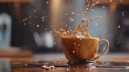 Create a dramatic scene of a coffee splash with an elegant ceramic cup being tipped over.