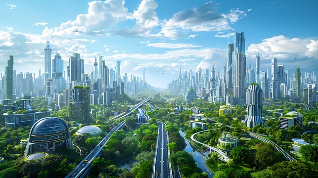 A panoramic view of the city skyline in the 2060s, fully integrated smart city, futuristic buildings with eco-friendly designs, autonomous vehicles, vibrant and utopian urban environment,