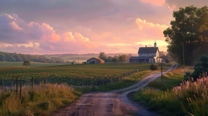 Fototapeta premium Create a dusk scene of a farm road with the last light of the day fading over fields of ripened crops and a cozy farmhouse