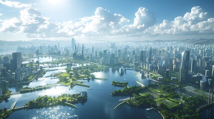 A wide-angle shot of a city in the 2020s, advanced urban planning, smart city elements, green spaces, high population density, public transportation, and tech-savvy populace,