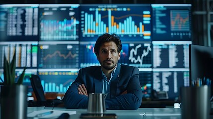Fototapeta premium A wide-angle shot of a financial analyst presenting a ten-year stock growth chart, large screen behind with detailed stock market data, modern office setting, professional and insightful atmosphere,