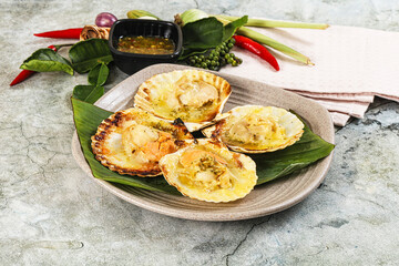 Griiled scallops in shell with cheese