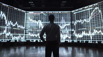 Fototapeta premium A wide-angle shot of a financial analyst presenting a ten-year stock growth chart, large screen behind with detailed stock market data, modern office setting, professional and insightful atmosphere,