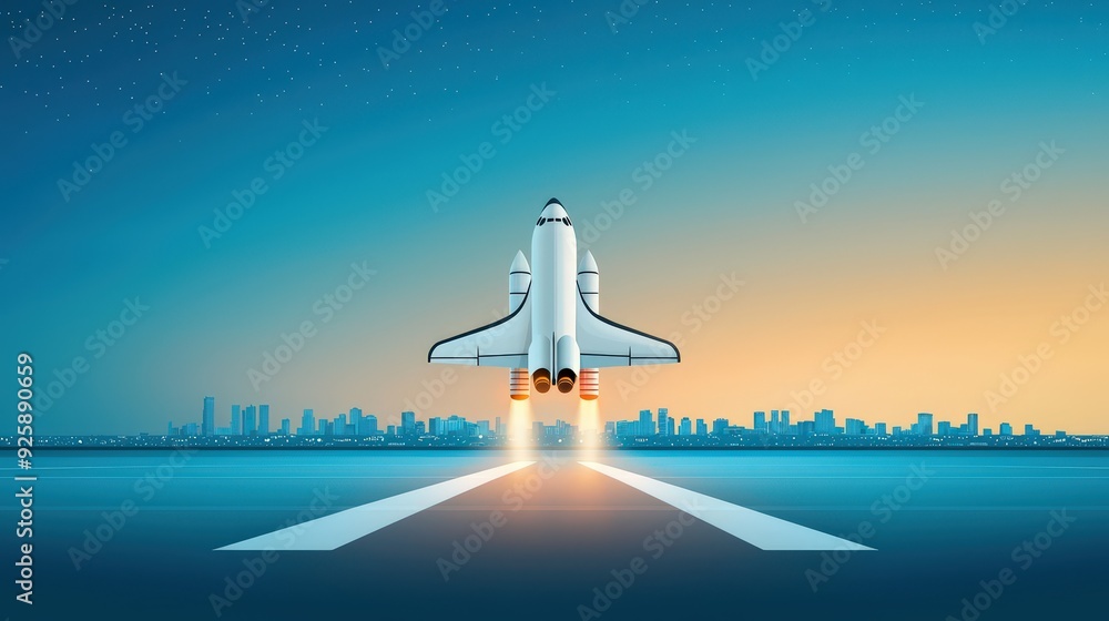 Poster space shuttle landing on a runway with a cityscape in the background