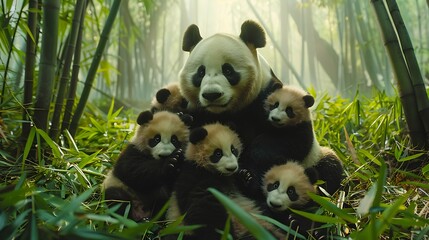 Obraz premium A wide-angle shot of a panda family in the wild, multiple generations together, dense bamboo forest, playful and nurturing behavior, warm and sunny day, hd quality, natural look. --ar 16:9 --v 6.