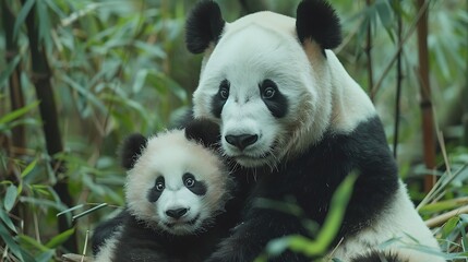 Obraz premium A wide-angle shot of a panda family in the wild, multiple generations together, dense bamboo forest, playful and nurturing behavior, warm and sunny day, hd quality, natural look. --ar 16:9 --v 6.