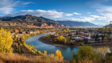 Durango Colorado City Panorama: Scenic View of the Animas River in the Southwest Town