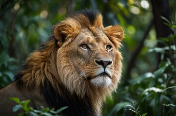 Portrait of a Strong Male Lion in Lush Forest