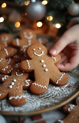 child's hand reaches for a gingerbread man from a plate by the Christmas tree
