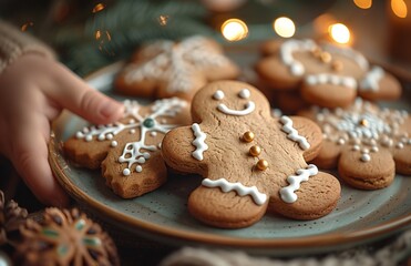 child's hand reaches for a gingerbread man from a plate by the Christmas tree