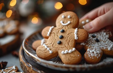 Obraz premium child's hand reaches for a gingerbread man from a plate by the Christmas tree