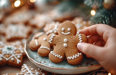 child's hand reaches for a gingerbread man from a plate by the Christmas tree