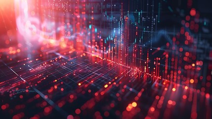 A wide-angle view of a digital stock market chart, highlighting the significant milestones and spikes in stock growth over ten years, modern and sleek design, dynamic and energetic atmosphere,