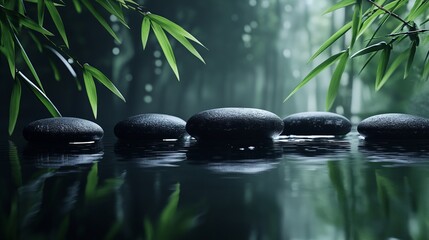 Tranquil bamboo scene with smooth stones resting in calm water