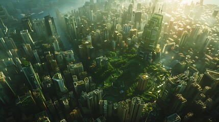 Obraz premium Aerial perspective of a city in the 2030s, futuristic skyline, sustainable architecture, dense but organized population, green rooftops, advanced public transit, bright and utopian visuals,