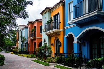 Fototapeta premium Houston Houses. Contemporary Townhouses on Houston Heights Blvd in Beautiful Blue Cityscape