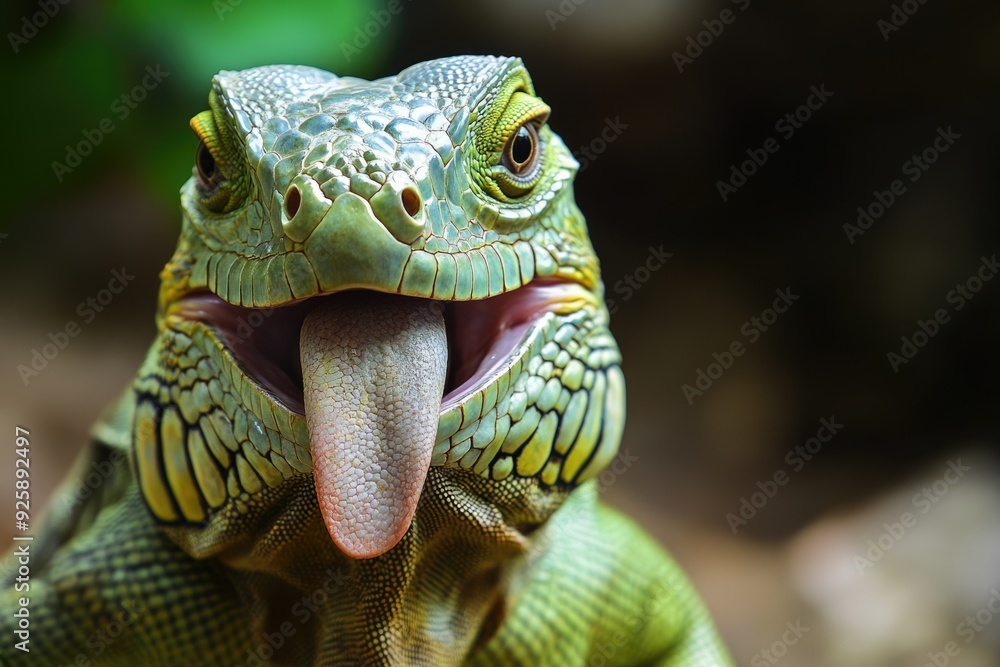 Wall mural iguana tongue - funny and cute animal in green - happy lizard on desert island