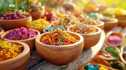 Fototapeta premium Colorful Spices and Herbs in Wooden Bowls.