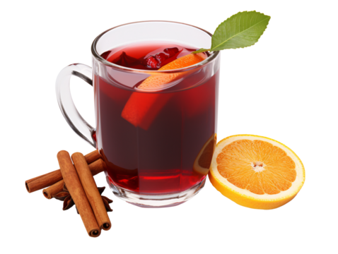 a glass mug of red wine with orange slices and cinnamon sticks