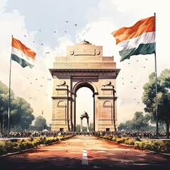Watercolor Illustration of India's Independence Day Celebration with Vibrant Colors and Traditional Elements