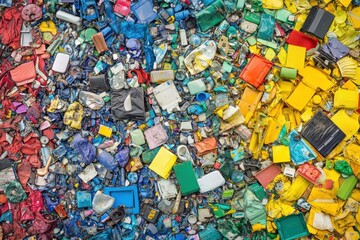 Vibrant assemblage of junk forming intricate environmental commentary, with thrown-away items like plastics and gadgets arranged in striking patterns