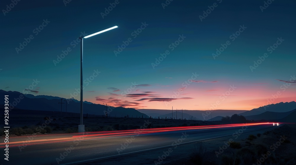 Poster create a futuristic road light with a minimalist design and integrated smart technology.