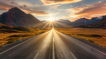 Fototapeta premium road, highway, landscape, sky, travel, asphalt, sunset, nature, desert, horizon, way, mountain, 